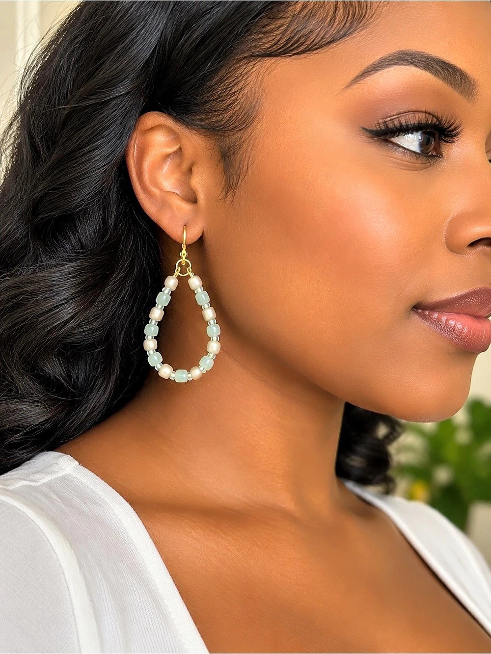 Beaded Teardrop Earrings in Green & White Like New